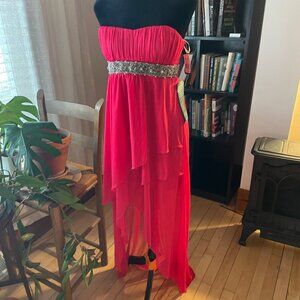 City Triangles Y2K Formal Dress Maxi Hi Low Sheer Rhinestone Pink Tie Back NWT